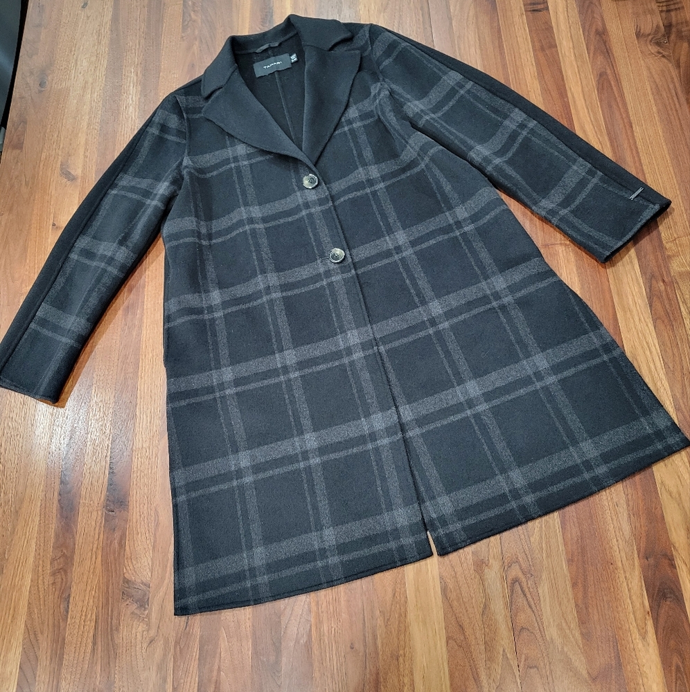 Tahari Plaid Wool Blend 2 Button Plaid Long Coat Black Gray Size XL